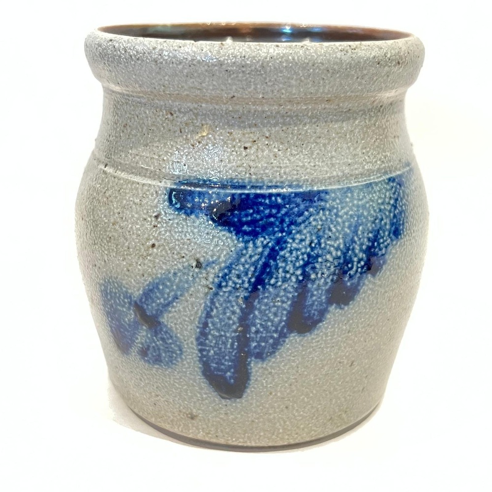 Vintage Rowe Pottery Works 1987 Salt Glaze Stoneware Crock Blue Floral Cambridge